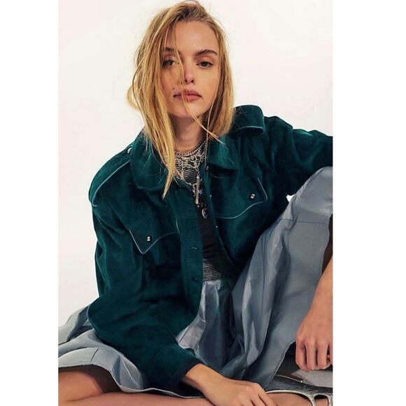New FREE PEOPLE We The Free Officer Velvet Jacket $198 X-SMALL Emerald Green - Picture 2 of 4